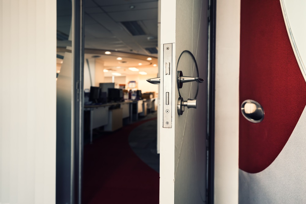 abstract office meeting room door open to walkway with retro vintage filter - can use to display or montage on product